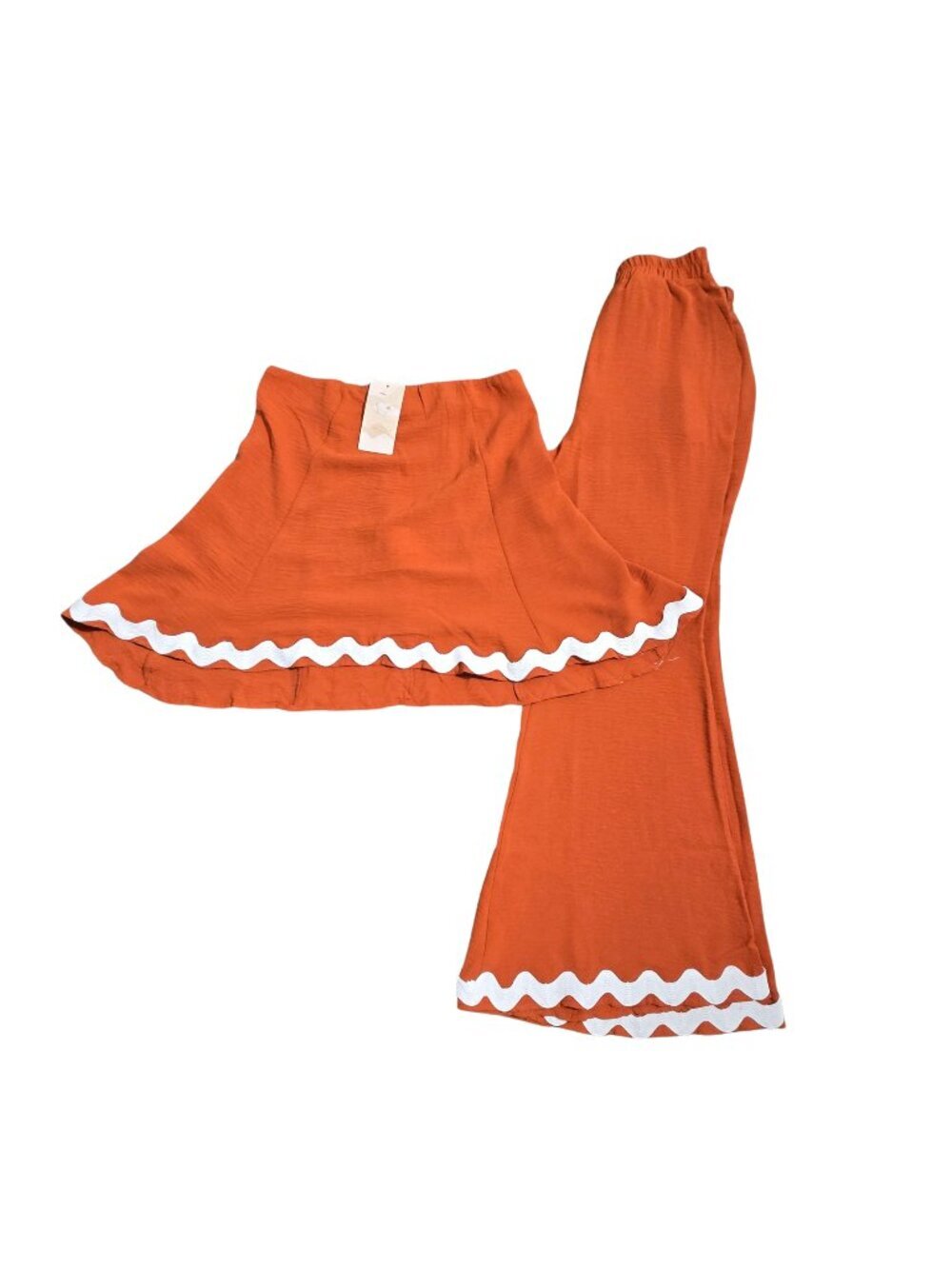 NWT | Burnt Orange 2 Piece Bell Bottom Set Ric Rac Trim Back Zipper | Small - Picture 2 of 8